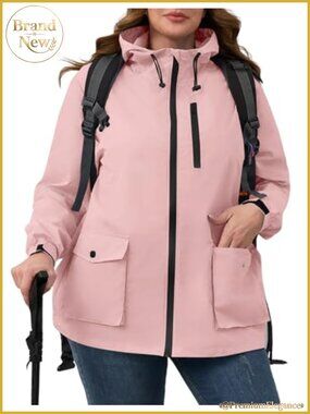 Plus Size Womens Waterproof Packable Rain Jacket Hooded Windbreaker Lightweight